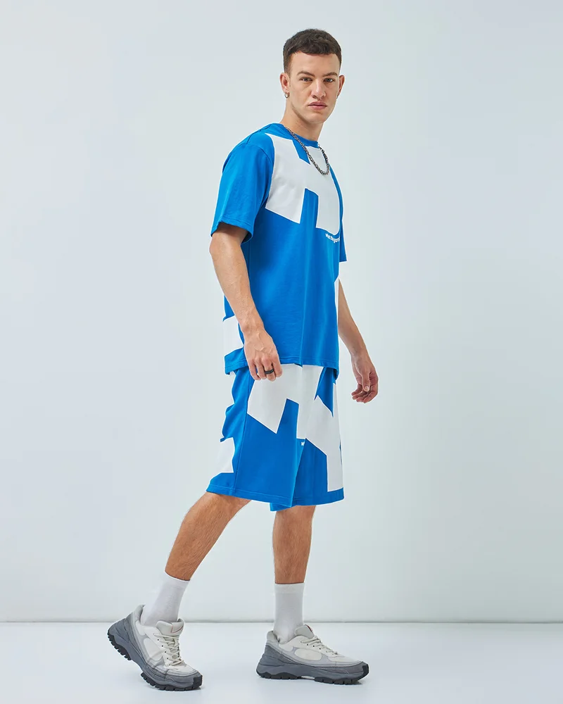 bewakoof Men's Blue Typography Oversized Co-ordinates